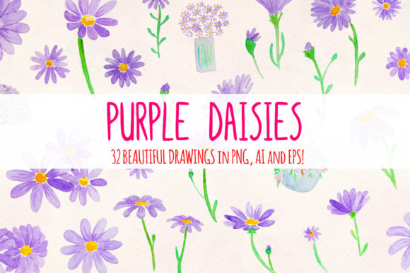 Purple Daisies: A Unique Watercolor Graphic Element Bundle for Designers