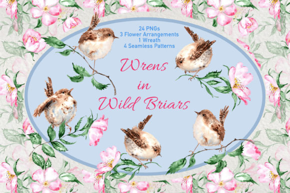Watercolor Briar Flowers Wrens Clip Art